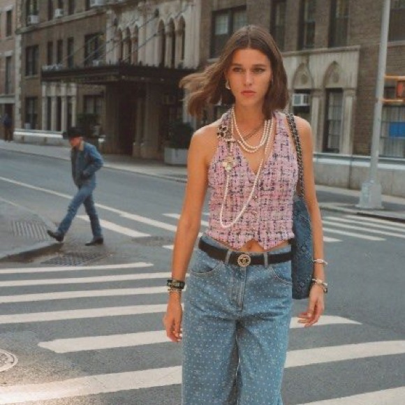 CHANEL Tops - Chanel Pink Tweed Halter Vest Crop Top with Silk Lining & Deco Buttons / FR 38